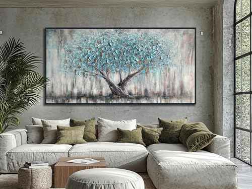 Framed Blue Tree Canvas Wall Art Extra Large Tree of Life Teal 58x29