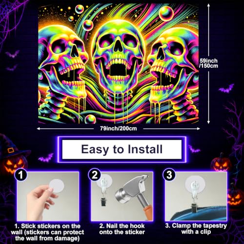 Blacklight Tapestry Skull Gothic Wall Hanging 78 x 59 Inch