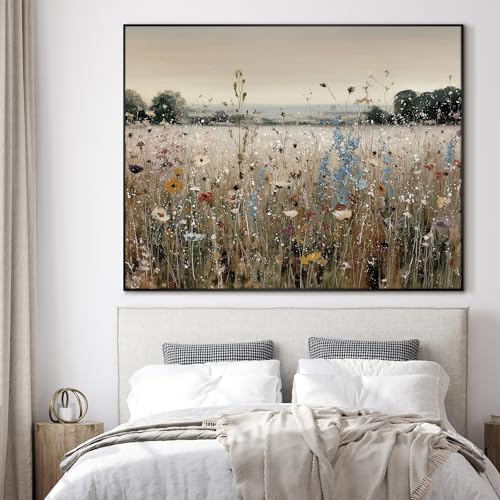 60"x72" Extra Large Framed Wall Art Wildflower Meadow Landscape Soft Pastel Field Illustration for Home Living Room Bedroom Decor
