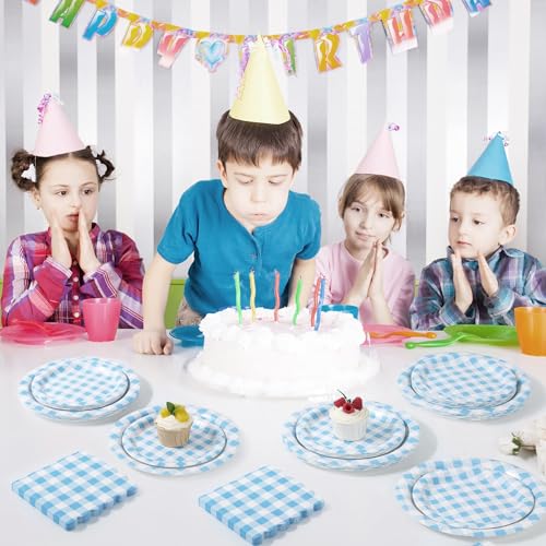 150 Pcs Light Blue Gingham Paper Plates and Napkins (150 Count)