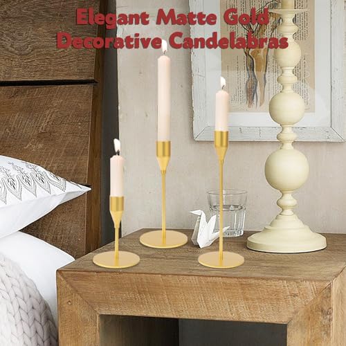 Matte Gold Candle Holders Bulk Painted Gold Metal Candlesticks Fit 0.8 Inch Taper Candles Decorative Metal Candelabra for Wedding Home Holiday Anniversary Party Dinning Table Decors (15 Count)