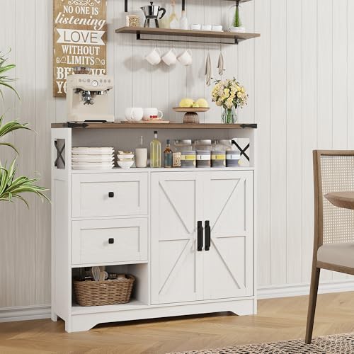 Farmhouse Buffet Sideboard Cabinet with 2 Drawers and Open Shelf