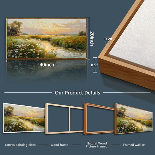 Wood Framed Canvas Wall Art For Living Room Wall Decor For Bedroom Office Wall Decoration Pastoral Scenery Painting Water edge Pictures Artwork Room Aesthetic Home Decor 20x40 In