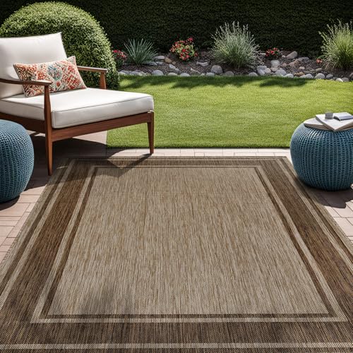 Large Outdoor Rug 9x12 Modern Bordered Area Rugs for Indoor and Outdoor Patio Deck Porch Garden Waterproof Weather Sun Resistant Washable Outside Carpet (108 Sq Ft)