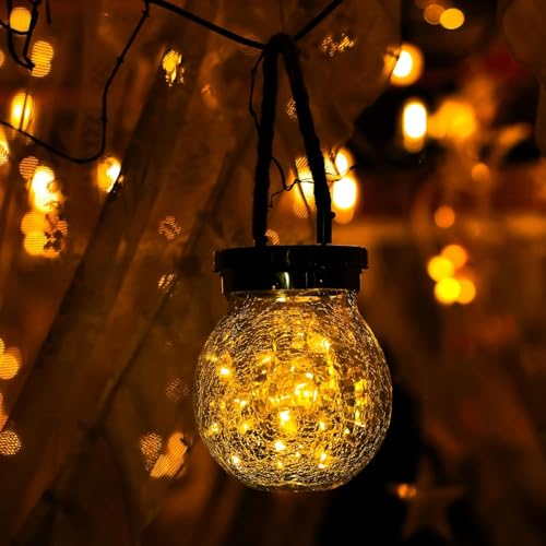 6 Pack Gifts for Him Her Solar Lanterns Outdoor Waterproof Heavy Crackle Glass 30 LED Warm Firefly Lights Solar for Women Mom Grandma Outdoor Table Lamps Garden Yard Decor (6 Count)
