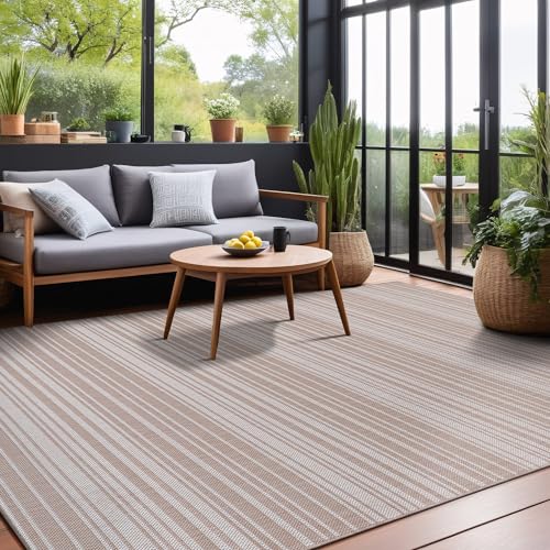 Stripe Outdoor Rug 9x12 Washable Outside Carpet for Indoor Patio Porch Waterproof Easy Cleaning Non Shedding Area Rugs Beige 9 x 12 (108 Sq Ft)