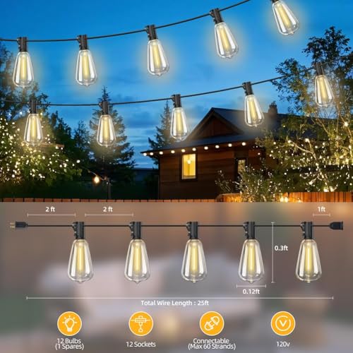 25FT Outdoor String Lights for Patio with 12+1 ST38 LED Bulbs (12 Count)