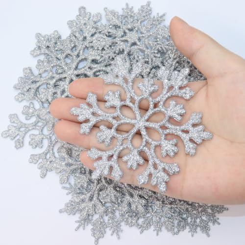 36pcs Christmas Silver Snowflake Ornaments Plastic Glitter Snow Flakes Ornaments for Winter Christmas Tree Decorations Size Varies Craft Snowflakes (36 Count)