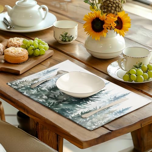 Watercolor Dark Green Tree Table Mats Set of 4 Rustic Nature Forest Pine Tree Placemats Seasonal Winter Holiday Place Mat Farmhouse Washable Linen Placemat for Dining Table Kitchen Christmas Decor (4 Count)