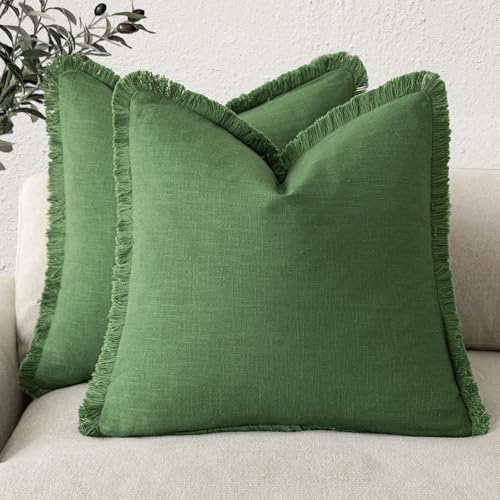 Decorative Linen Fringe Throw Pillow Covers 22×22 Forest Green (2 Count)
