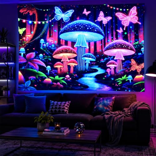 Blacklight Tapestry Butterfly Mushroom Wall Art 78 x 59 Inch