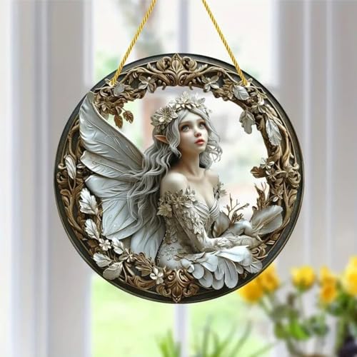 Flower Fairy Garden Decorations Angel Wing Christmas Halloween Deco Statue Art Elf Sculpture Hanging Craft for Outdoor Yard Courtyard Lawn Patio Window Acrylic Ornament Home Gift