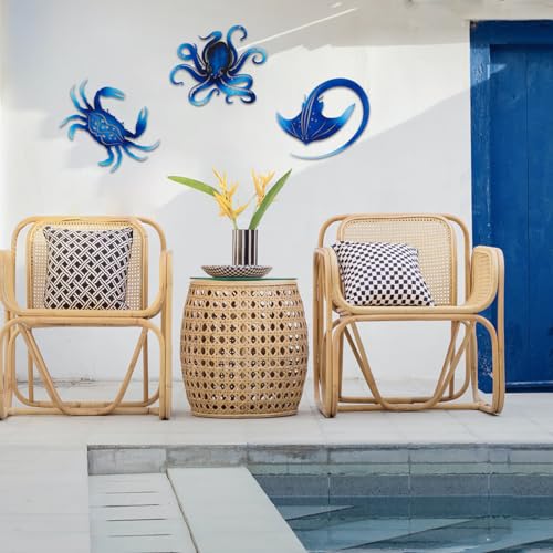 Metal Octopus Crab Manta Ray Coastal Nautical Ocean Decor Outdoor Metal Wall Art Decor Garden Pool Patio Bathroom Yard Farmhouse Fence Deck (3 Count)