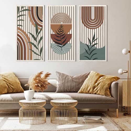 Large Boho Wood Wall Art 16x32 Inch Mid Century Modern Bohemian Wooden Wall Decor Brown Minimalist Geometric Plant Decor for Bedroom Living Room Dining Room Set of 3 (3 Count)