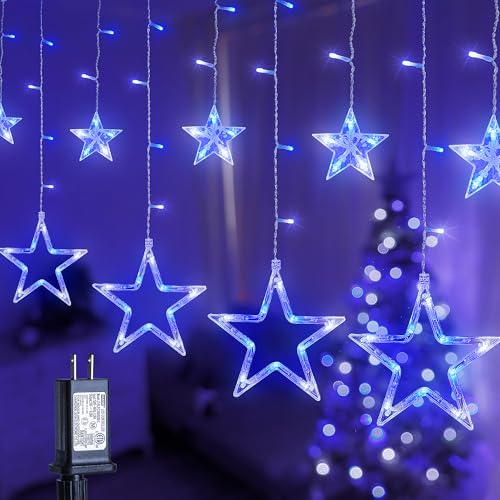 8.2FT 126L Blue White Christmas Star Icicle Curtain Lights Indoor (126 Count)