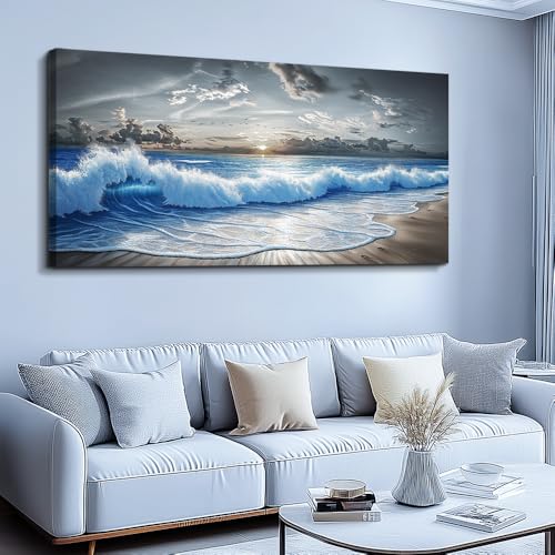 Wall Decor For Living Room Blue Ocean Wave Painting 20"X40"