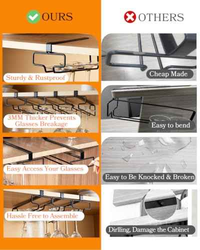 Wine Glass Holder 2PCS Stemware Rack Hanger Under Cabinet Wine Glass Rack Kitchen Hanging Storage Rack Organizer