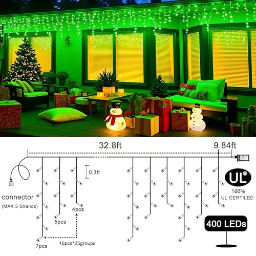 Icicle Lights for Outside 33FT 400 LED Green Christmas Lights