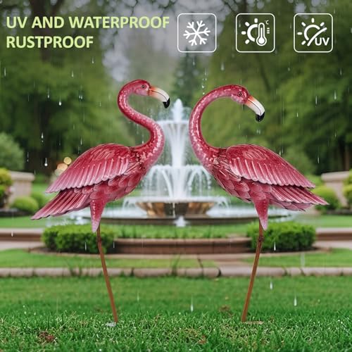 2 Pack Metal Pink Flamingo Statue for Outdoor Garden Yard Decor (2 Count)