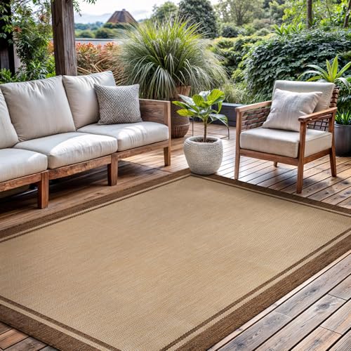 Outdoor Rug 9x12 Bordered Natural Brown Modern Area Rugs for Indoor and Outdoor Patios