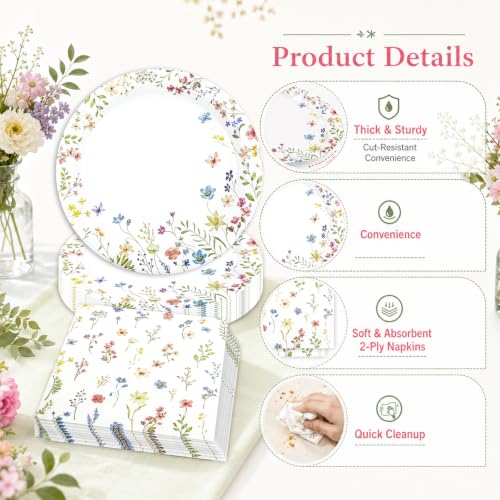 40 pcs Wildflower Wedding Birthday Party Paper Plates and Napkins (40 Count)