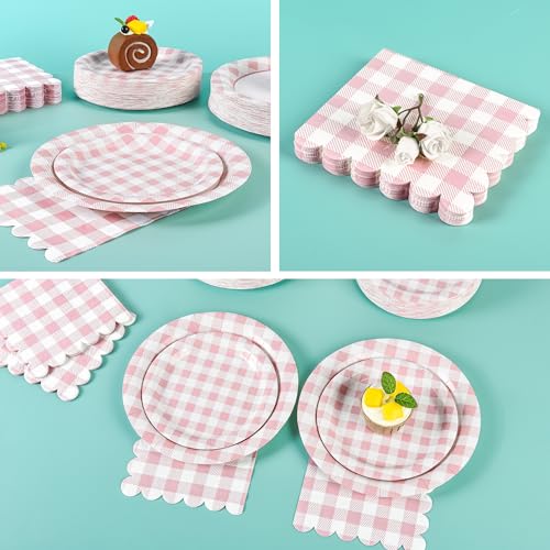 175 Pcs Pink Gingham Paper Plates and Napkins with Cups (175 Count)