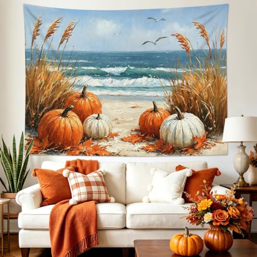 Coastal Fall Pumpkin Tapestry beach Landscape Wall Decor 92.5Wx70.9L