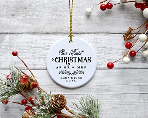 Personalized Our First Christmas As Mr. & Mrs. 2026 Christmas Ornaments Laurel Wreath Leaves 2.8" Round Porcelain Ceramic 1st Year Married Custom Ornament Keepsake for Newlyweds 1