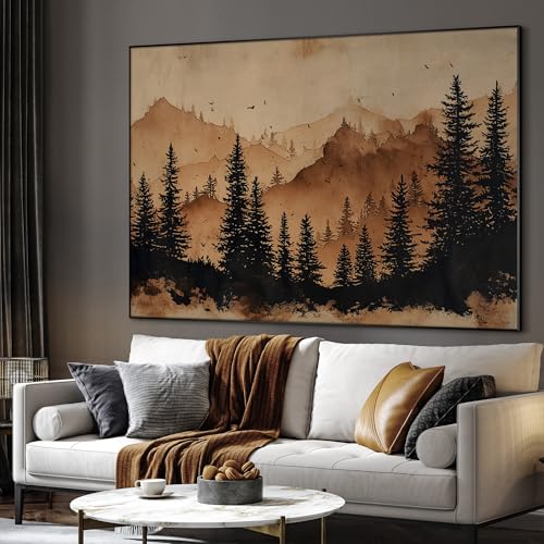 36"x46" Extra Large Framed Wall Art Rustic Mountain Pine Forest Silhouette in Warm Earth Tones for Home Living Room Bedroom Decor