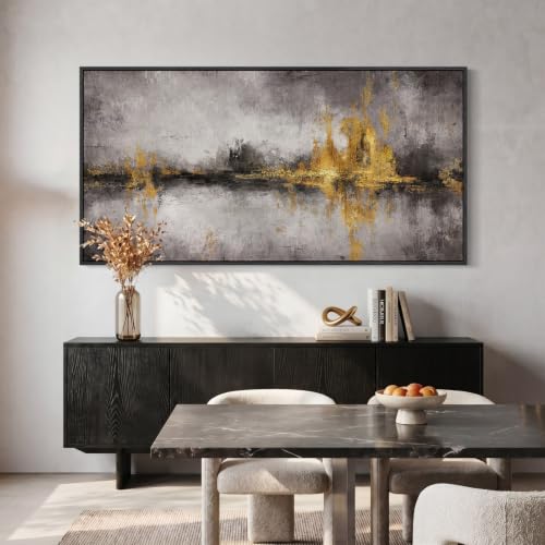 Large Framed Black Grey and Gold Abstract Wall Art for Living Room
