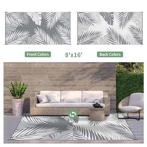 Outdoor Rug Waterproof Plastic Rugs 8'x16' for Camping Grey White