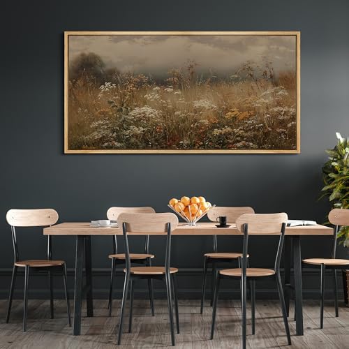 Extra Large Framed Canvas Print Wall Art Autumn Meadow Landscape Rustic Field Illustrations Fine Art Illustrations Decorative Colorful for Bedroom