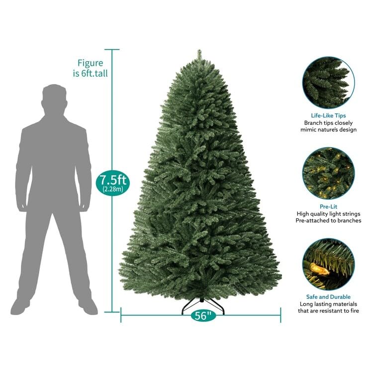 7.5ft Christmas Tree with Lights Realistic Spruce Christmas Tree Prelit with Foot Pedal 1717 Branch Tips 550 Warm Lights and Metal Stand Aritificial Tree arbol De Navidad