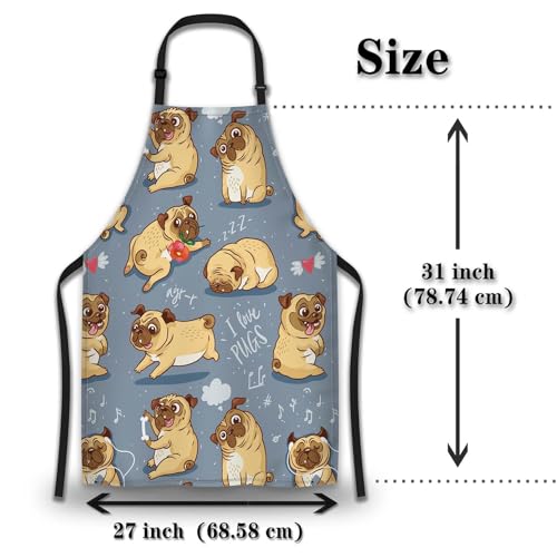 Paint Apron for Men Pug Puppies Dog Cartoon Bull Terrier Funny Aprons for Women for Kitchen Cooking Restaurant BBQ Painting Crafting Gardening 27”