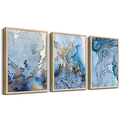 Natural Wood Framed Wall Art For Living Room Large Wall Decoration For Bedroom Office Wall Decor Minimalist blue Abstract Wall Painting Watercolor Wall Pictures Home Decor 3 Piece Framed Art Prints (3 Count)