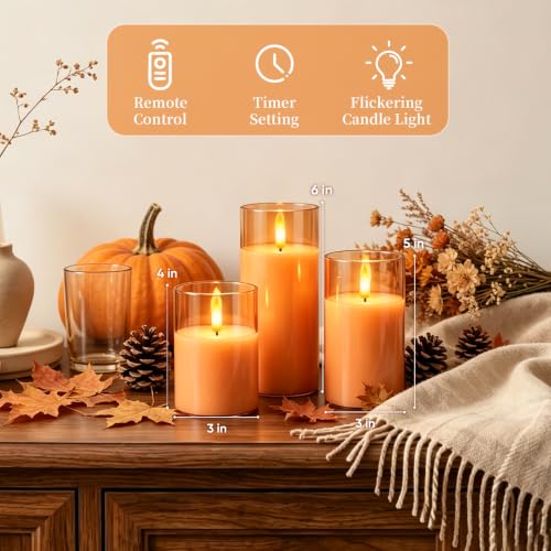 Orange Halloween Glass Flameless LED Pillar Candle with Remote Timer (3 Count)
