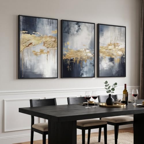 Large Framed Blue and Gold Abstract Wall Art for Living Room (3 Count)