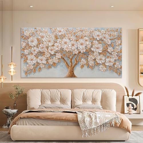 Oversized Canvas Wall Art Decor Gold Tree of Life Canvas Art Wall Decor For Living Room Modern Botanical Decor Nature White Floral Tree Wall Art Artwork For Bedroom Home Office Wall Decor 29×58 Inch
