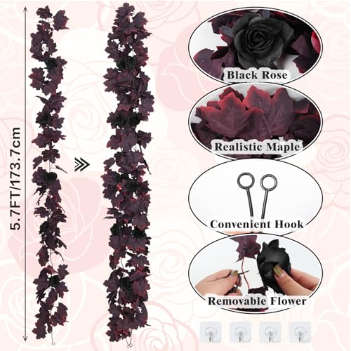 Black Burgundy Garland Artificial Black Rose Garland Fall Leaf Vine (2 Count)