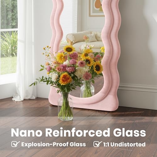 Full Length Mirror 71"x30" Irregular Wavy Full Body Wall Mounted Floor Mirror with Stand Pink Flannel Frame Leaning Hanging Wall for Bedroom Entrance Hallway