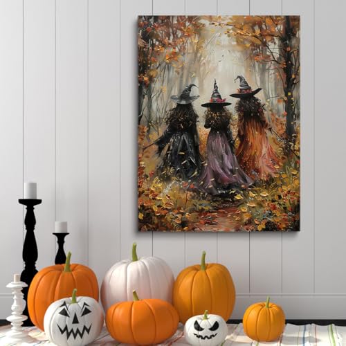 Vintage Three Witches In The Forest Painting Witch Print Witchy Canvas Print Halloween Wall Art Halloween Decor Witch Poster Dark Academia Gothic Room Decor for Dorm Bedroom 24x36in Unframed