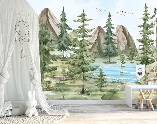 Watercolor Green Pine Mural Cartoon Forest Fabric Wallpaper Children's Room 180" x 115"
