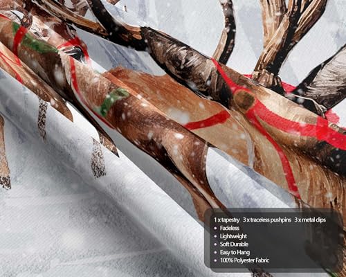 Winter Tapestry Wall Hanging Winter Forest Backdrop Christmas Snowy Deer Wall Decor Snow Elk Tapestries for Bedroom Living Room Dorm Party Decoration