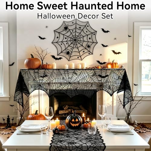 39 Pcs Halloween Decorations Set Black Lace Spiderweb Tablecloth