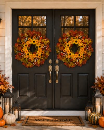 28 Inch Fall Wreath for Front Door Outside Large Artificial Autumn Wreath with Orange Sunflowers Maple Leaves Pumpkins Fall Decoration for Home Farmhouse Door Wreath for Harvest Thanksgiving