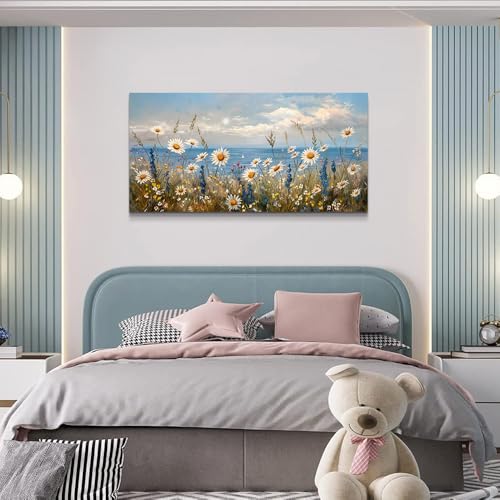 Blue Ocean Canvas Wall Art for Living Room Wall Decor For Bedroom Bathroom Decoration Abstract Natural Seascape Painting Modern Office Wildflowers Artwork Pictures Home Decor Ready To Hang