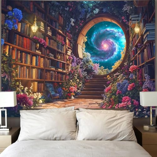 Floral Bookshelf Tapestry Fantasy Library Tapestries Wall Hanging Vintage Plant Flower Book Large Tapestry for Bedroom Living Room Dorm 80 x 60 inch