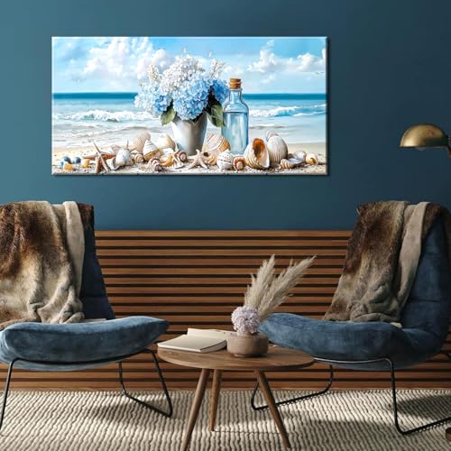 Romantic Beach Wall Art for Living Room Blue Shells Conch Vase Canvas Prints Modern Large Flower Bottle Bedroom Ocean Artwork Decor