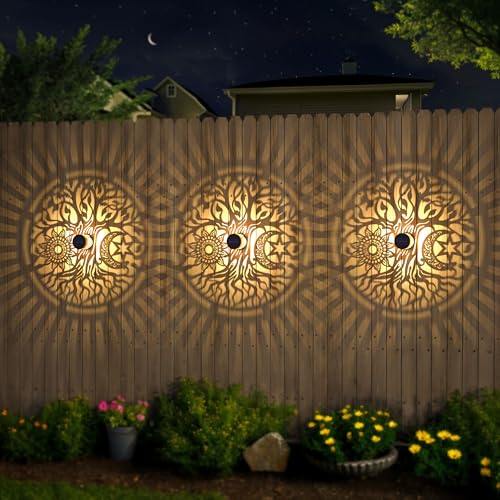 2 Pack Large Solar Fence Lights Metal Solar Powered Outdoor Wall Deck Step Lights Tree Theme Waterproof Fence Light for Garden Post Patio Backyard Yard Decor (2 Count)