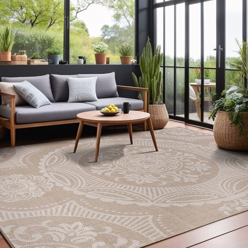 Medallion Outdoor Rug 6x9 Washable Outside Carpet for Indoor Patio Porch Waterproof Easy Cleaning Non Shedding Area Rugs Beige 6 x 9
